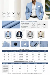 Men's casual business suit detail page showcasing fabric, color options, and comprehensive size chart.