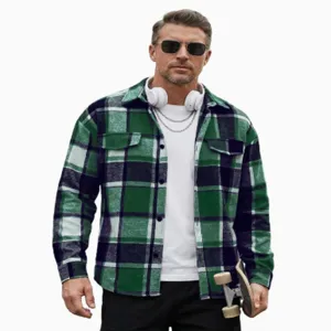 Men green plaid flannel shirt casual long sleeve jacket top retro stylish outerwear apparel