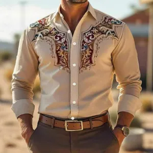 Detailed shot of men's western vintage printed long sleeve shirt in beige, elegant chest pattern.