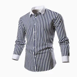 Men's fashion striped long sleeve shirt with contrast white lapel and cuffs for business casual.