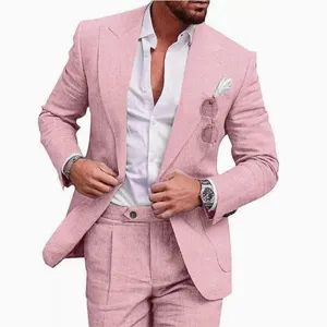 Men linen suit two piece set casual slim fit blazer and trousers for wedding party business events