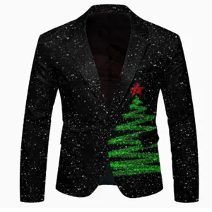 Detail view of men's Christmas blazer featuring a festive tree print and snowflake pattern.