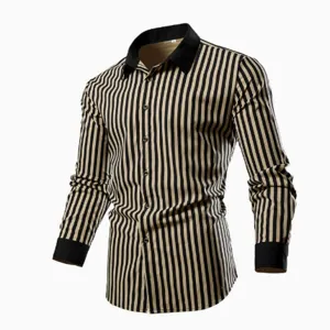 Men's long sleeve striped shirt slim fit casual button down shirt with contrast collar