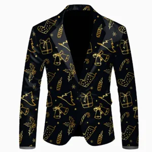 Men's slim fit Christmas blazer black gold printed casual suit jacket party holiday blazer