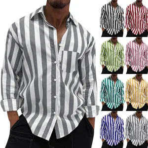 Men's Casual Long Sleeve Striped Shirt Button Down Lapel Beach Cardigan Polyester Lightweight Breathable Vertical Stripe Printed Top