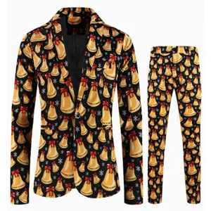 Abito uomo stampa campana di Natale, set due pezzi blazer e pantaloni festivo dettaglio.