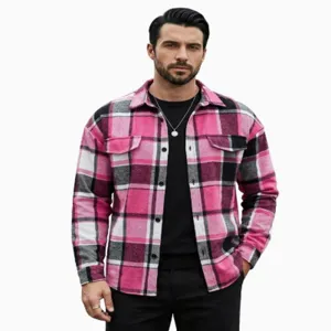 Men's retro plaid lapel long-sleeve casual shirt jacket detail view, pink and black check style.