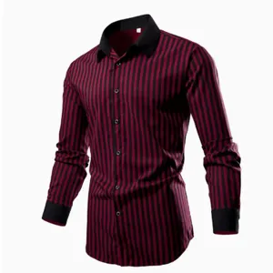Men's long sleeve striped shirt, casual business slim fit button down shirt with black collar.