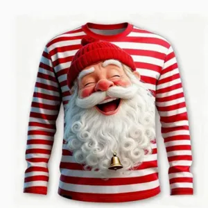 Christmas men's long sleeve crew neck 3D Santa Claus print red white striped shirt casual top