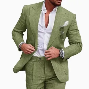 Detailed view of the stylish green linen men's suit jacket and matching slim trousers.