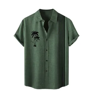 Men Retro Stripe Casual Shirt Tropical Palm Tree 3D Print Short Sleeve Lapel Button Down Top For Summer Vacation Beach