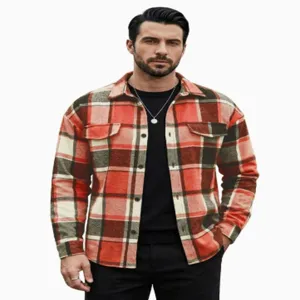 Close-up detail of mens casual retro plaid flannel shirt, long sleeve lapel design.