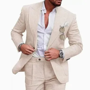 Detail shot of men linen suit two piece, casual slim blazer and trousers for wedding.