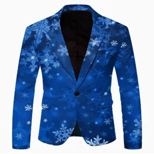 Men's casual blue winter snowflake print blazer slim fit stylish suit jacket for parties.