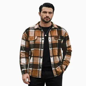 Mens vintage plaid flannel shirt long sleeve button down casual loose jacket outerwear