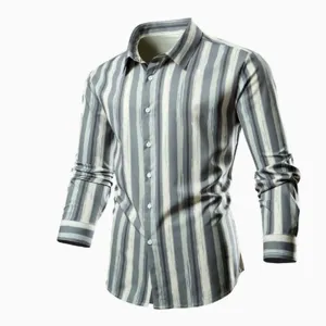Men's casual striped long sleeve shirt with lapel, slim fit business button down top.
