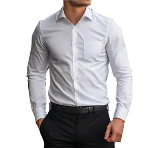 Men's casual long sleeve white dress shirt with chest pocket, European size basic fashion top.