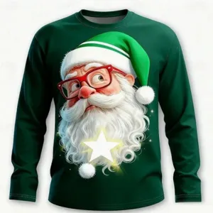 Christmas mens long sleeve t-shirt funny graphic 3d print crewneck holiday casual green top