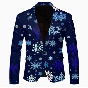 Men's winter casual slim fit blazer jacket with stylish white snowflake print design for party.