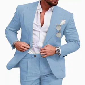 Men linen suit two piece slim fit casual wedding blazer and trousers set for formal events