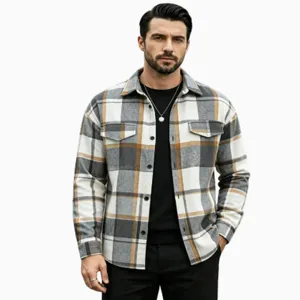 Close-up view of the casual men's plaid long-sleeve shirt showcasing buttons and pattern.