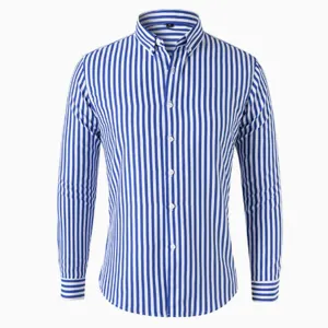 Men's blue and white striped long sleeve shirt with classic button-down collar and front buttons.
