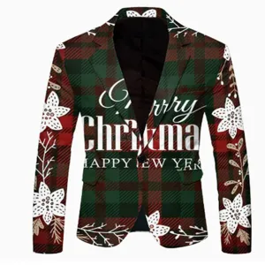 Detailed view of men's Christmas plaid blazer jacket with festive floral print design.