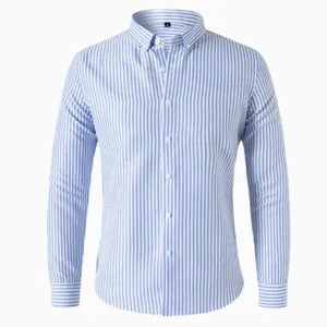 Blue and white striped men's long sleeve shirt detail showing the stylish collar and buttons.