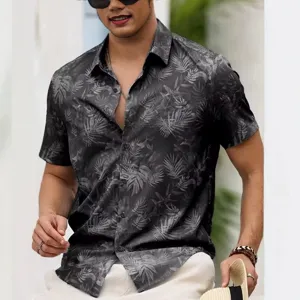 Men's tropical palm leaf print short sleeve button down casual summer beach holiday shirt