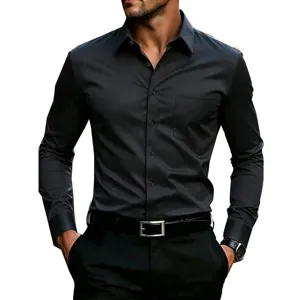 Detailed view of mens long sleeve dress shirt with chest pocket, slim fit solid color top.