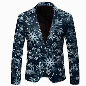 Men's slim fit casual blazer jacket featuring a stylish blue and white winter snowflake pattern print.
