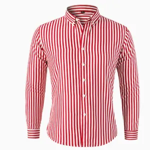 Men's stylish red and white vertical striped long sleeve slim fit button down shirt.
