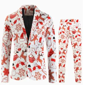 Completo da uomo con stampa natalizia set due pezzi giacca blazer e pantaloni festa