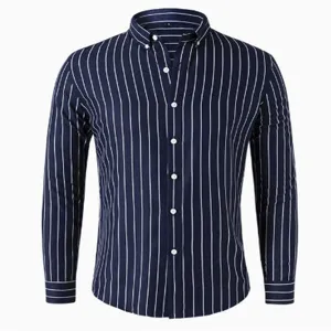 Detailed view of men's navy blue long sleeve button down shirt with classic white vertical stripes.
