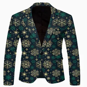 Detail view of men's Christmas snowflake printed slim blazer jacket, festive winter pattern.