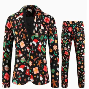 Uomo Natale 2 Pezzi Vestito Blazer Pantaloni Festa Festiva Stampa Digitale Abbigliamento