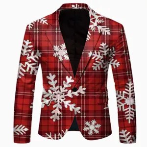 Men Christmas Red Plaid Snowflake Print Suit Jacket Casual Slim Fit Blazer Outerwear