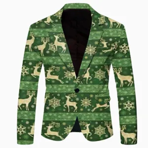 Green christmas reindeer print mens casual slim fit blazer jacket, holiday party suit coat.