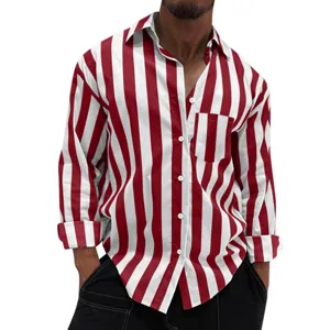 Men red and white vertical striped long sleeve button down shirt casual beach cardigan top.