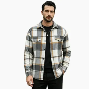 Men Vintage Plaid Lapel Shirt Jacket Loose Fit Long Sleeve Button Up Printed Flannel Shacket For Men Casual Everyday Top
