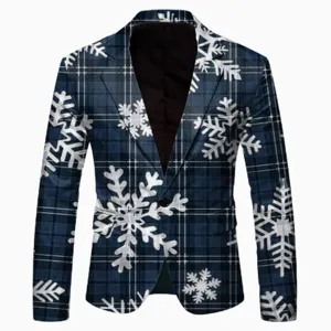 Blue plaid blazer detail featuring white snowflake print, notched lapel and single button design.