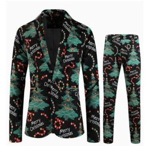Set di abiti con stampa digitale natalizia da uomo, elegante blazer e pantaloni per festa.