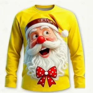 Men's Christmas Santa Claus Long Sleeve T-Shirt Funny 3D Printed Crew Neck Tee Shirt Fashion Basic Streetwear Casual Holiday Top