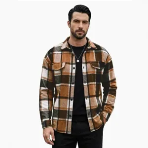 Men's retro plaid lapel long sleeve casual shirt jacket, loose fit check shacket for daily wear.