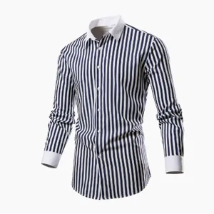 Men's Casual Striped Long Sleeve Shirt Fashion Business Slim Fit Lapel Button Down Polyester Top Office Work Wear Shirt