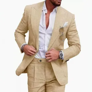 Men's Linen Suit Two Piece Casual Slim Fit Wedding Blazer and Trousers Outfit Khaki Summer