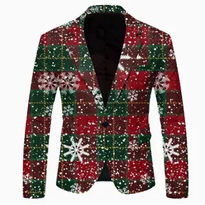 Christmas pattern men's slim fit casual blazer jacket single button holiday suit detail