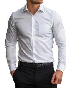 Men's solid white long sleeve dress shirt with chest pocket casual business top item