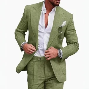Men linen suit two piece set casual slim fit wedding blazer and trousers for summer