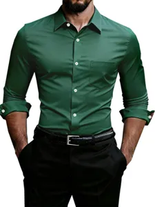 Men's Long Sleeve Dress Shirt Casual Solid Color Button Down Shirt with Chest Pocket